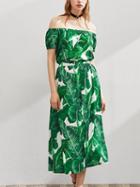 Choies Green Off Shoulder Tropical Leaf Print Button Front Midi Dress