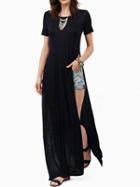 Choies Black Semi-sheer Side Split Short Sleeve Maxi Dress