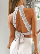 Choies White High Neck Keyhole Front Lace Trim Cut Out Back Bralette Crop Top
