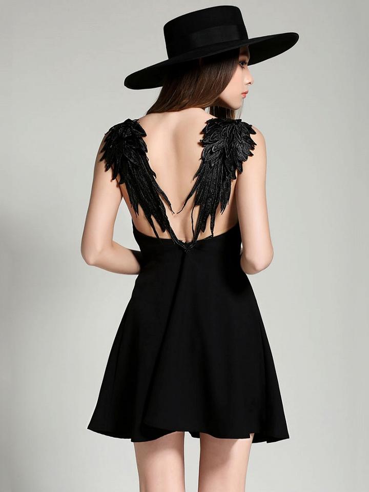 Choies Black V-neck Wing Detail Open Back Skater Dress