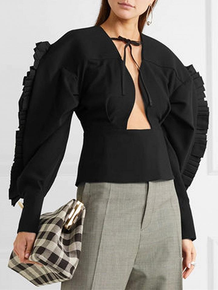 Choies Black V-neck Tie Front Cut Out Ruched Detail Ruffle Trim Blouse