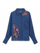 Choies Blue Embroidery Detail Raw Hem Denim Shirt