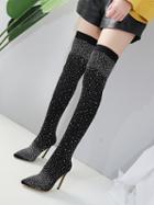 Choies Black Stretch Rhinestone Detail Over The Knee Boots