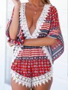 Choies Red Mixed Folk Print Plunge Lace Embellished Romper Playsuit