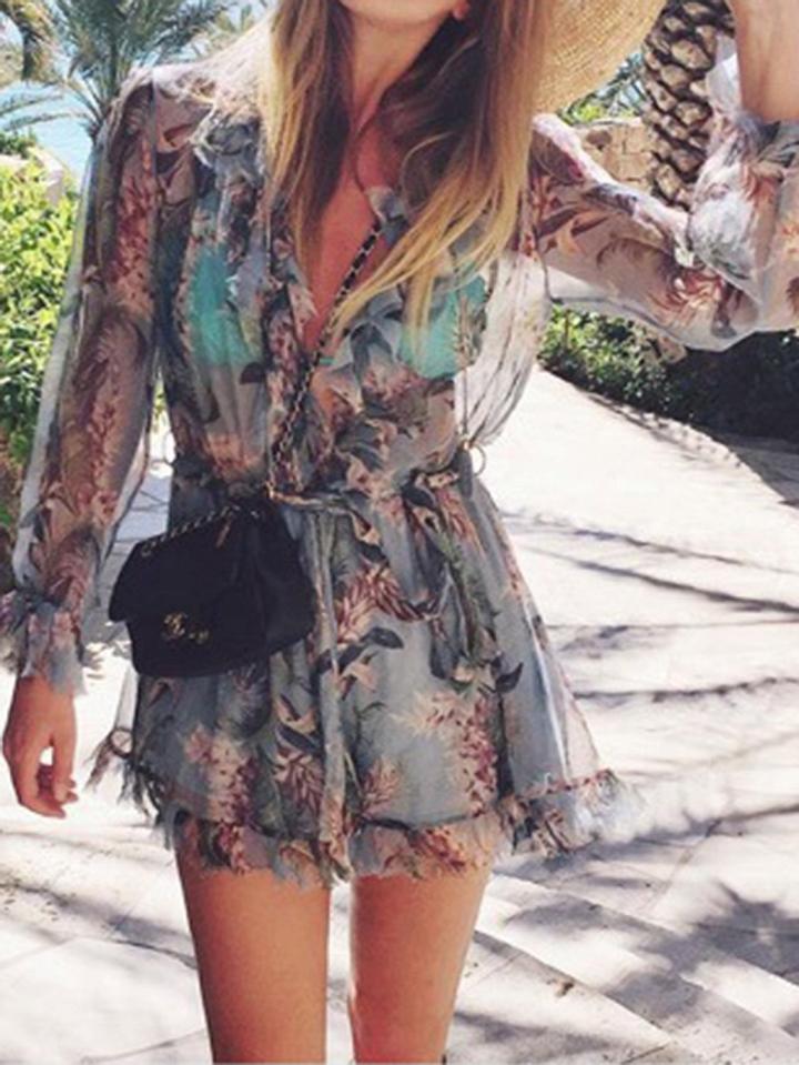 Choies Blue V-neck Floral Print Long Sleeve Chic Women Romper Playsuit