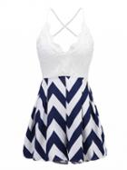 Choies Navy Blue Chevron Skirt Lace Top Cami Romper Playsuit