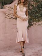 Choies Pink Cotton Plunge Ruffle Hem Sleeveless Chic Women Bodycon Midi Dress