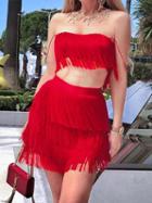 Choies Red Tassel Trim Chic Women Crop Cami Top And High Waist Mini Skirt