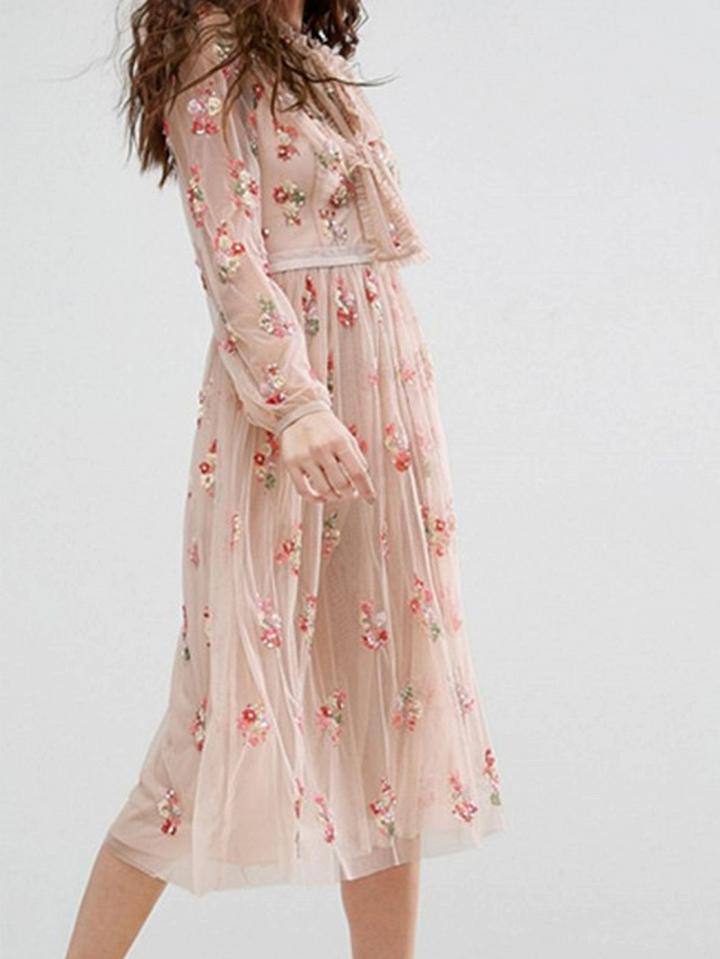 Choies Nude Chiffon High Neck Sequin Detail Long Sleeve Chic Women Midi Dress