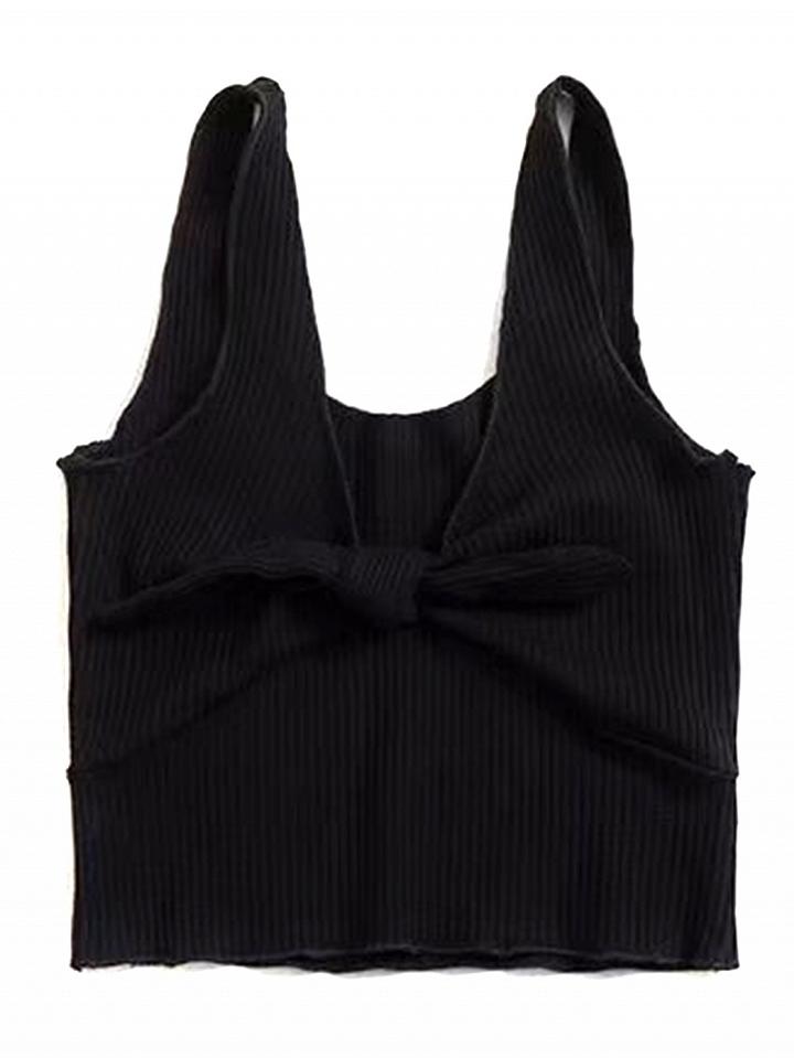 Choies Black V-neck Knot Front Ribbed Crop Tank