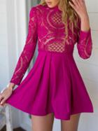 Choies Medium Violet Red High Neck Crochet Lace Panel Skater Dress