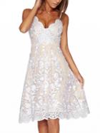 Choies White V-neck Embroidery Scalloped Hem Lace Overly Slim Strap Dress