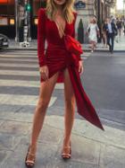 Choies Red Velvet Plunge Tie Waist Long Sleeve Women Bodycon Mini Dress