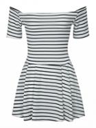 Choies Monochrome Stripe Off Shoulder Cut Out Back Short Sleeve Dress