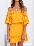 Choies Yellow Off Shoulder Frill Trim Chic Women Mini Dress