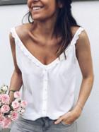 Choies White Cotton V-neck Lace Trim Button Placket Front Chic Women Cami Top