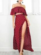 Choies Red Polka Dot Ruffle Crop Top And Split Maxi Skirt