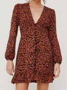 Choies Brown V-neck Leopard Print Button Placket Front Long Sleeve Mini Dress