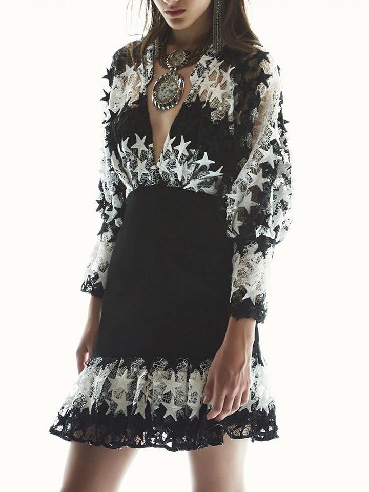 Choies Black V-neck Cut Out Star Puff Sleeve Ruffle Hem Mini Dress
