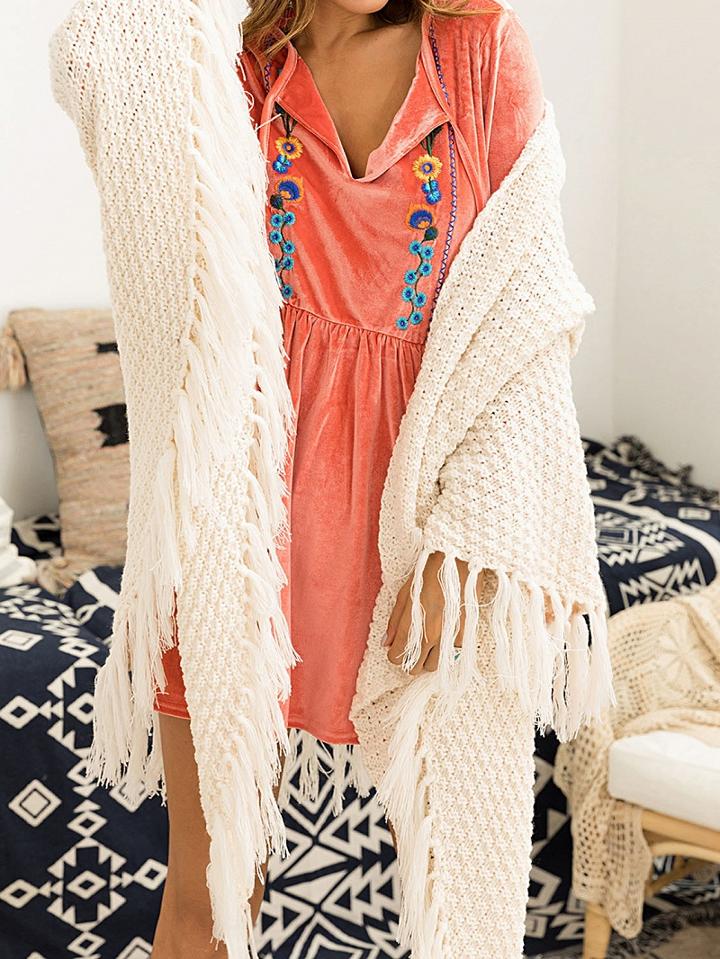 Choies White Open Front Tassel Trim Chic Women Knit Cardigan