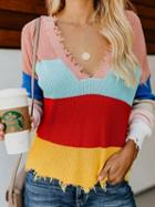 Choies Pink Contrast V-neck Long Sleeve Women Knit Sweater