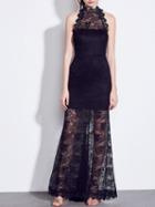 Choies Black Halter Cut Out Back Sheer Lace Maxi Dress