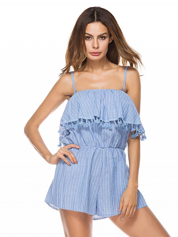 Choies Blue Stripe Layered Tassel Spaghetti Strap Romper Playsuit