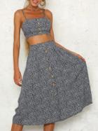 Choies Black Floral Print Chic Women Crop Cami Top And High Waist Skirt