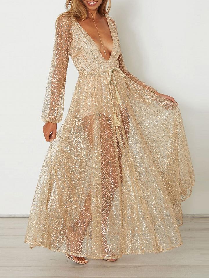 Choies Golden Plunge V-neck Tie Waist Sparkle Sheer Maxi Dress
