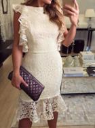 Choies White Ruffle Trim Open Back Chic Women Lace Bodycon Mini Dress
