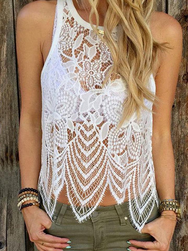 Choies White Round Neck Eyelash Lace Tank Top
