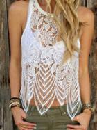 Choies White Round Neck Eyelash Lace Tank Top