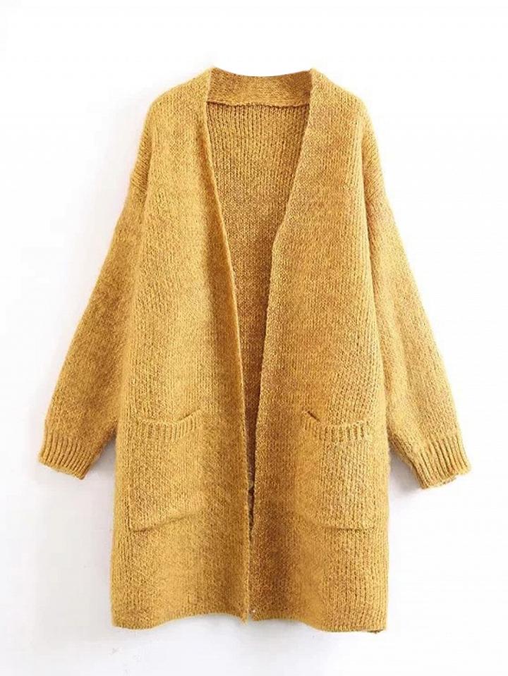 Choies Yellow Pocket Open Front Mohair Blend Longline Cardigan
