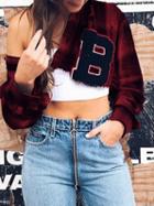 Choies Red Plaid Letter Print Long Sleeve Chic Women Crop Shirt