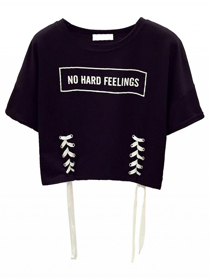 Choies Black Letter Print Lace Up Detail Short Sleeve Cropped T-shirt