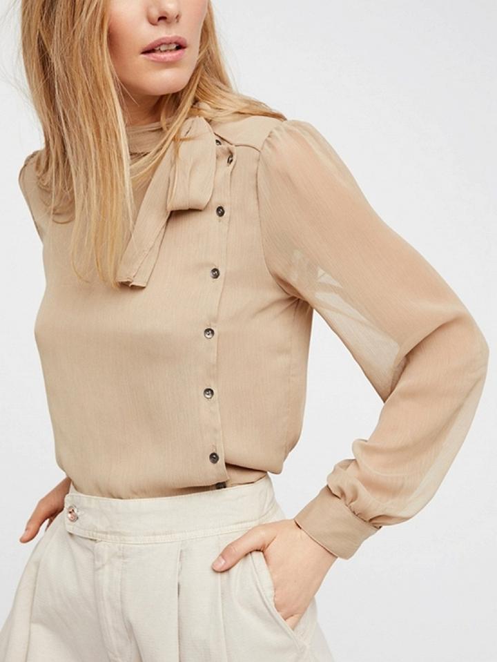 Choies Khaki Tie Neck Side Button Long Sleeve Shirt