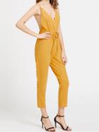 Choies Yellow V-neck Spaghetti Strap Scallop Trim Open Back Jumpsuit