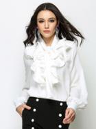 Choies White Bow Tie Front Ruffle Detail Long Sleeve Shirt