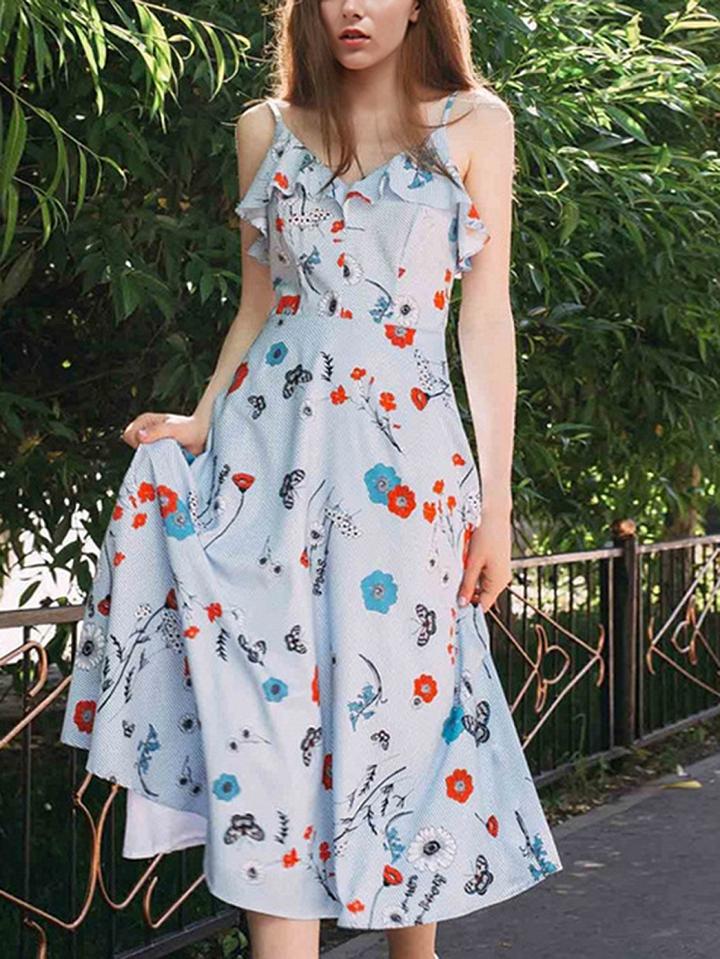 Choies Blue Stripe Floral Print Ruffle Trim Chic Women Cami Maxi Dress