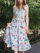 Choies Blue Stripe Floral Print Ruffle Trim Chic Women Cami Maxi Dress