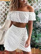 Choies White Polka Dot Off Shoulder Chic Women Crop Top And High Waist Skirt