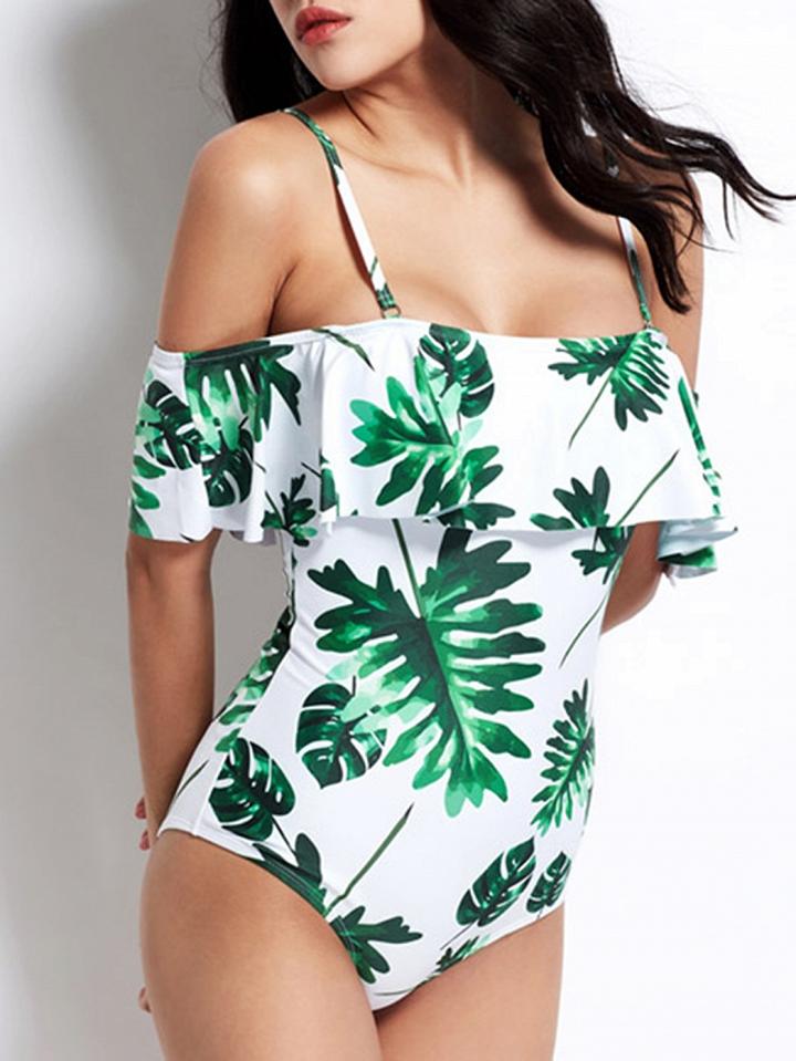 Choies White Spaghetti Strap Off Shoulder Leaves Print Swimsuit