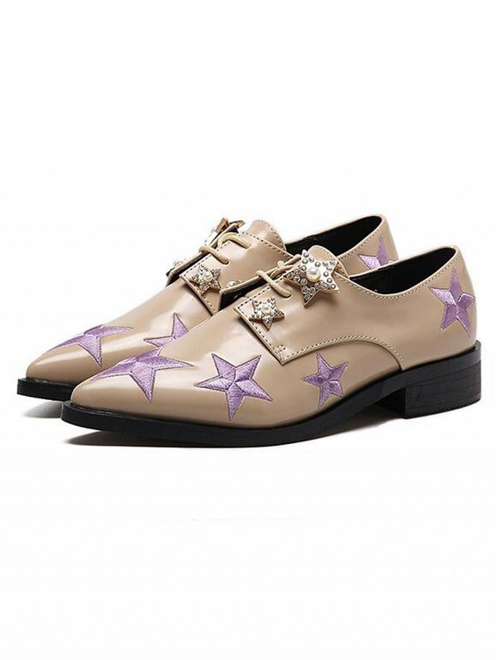 Choies Beige Pointed Toe Star Embellished Lace Up Shoes