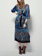 Choies Polychrome Tie Waist Folk Print Thigh Split Side Midi Dress