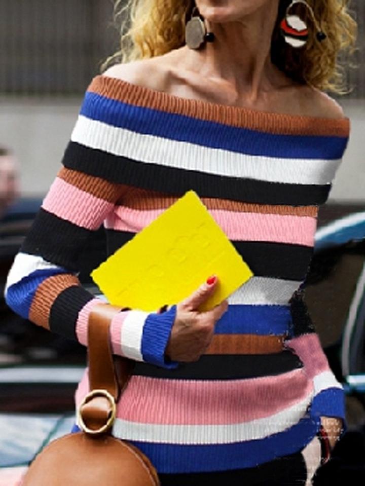 Choies Polychrome Stripe Off Shoulder Knit Sweater