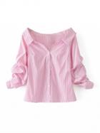 Choies Pink Stripe Pointed Collar V Front Puff Sleeve Shirt