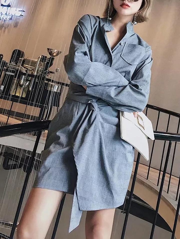 Choies Gray Plaid Knot Front Tie Waist Asymmetric Hem Shirt Dress