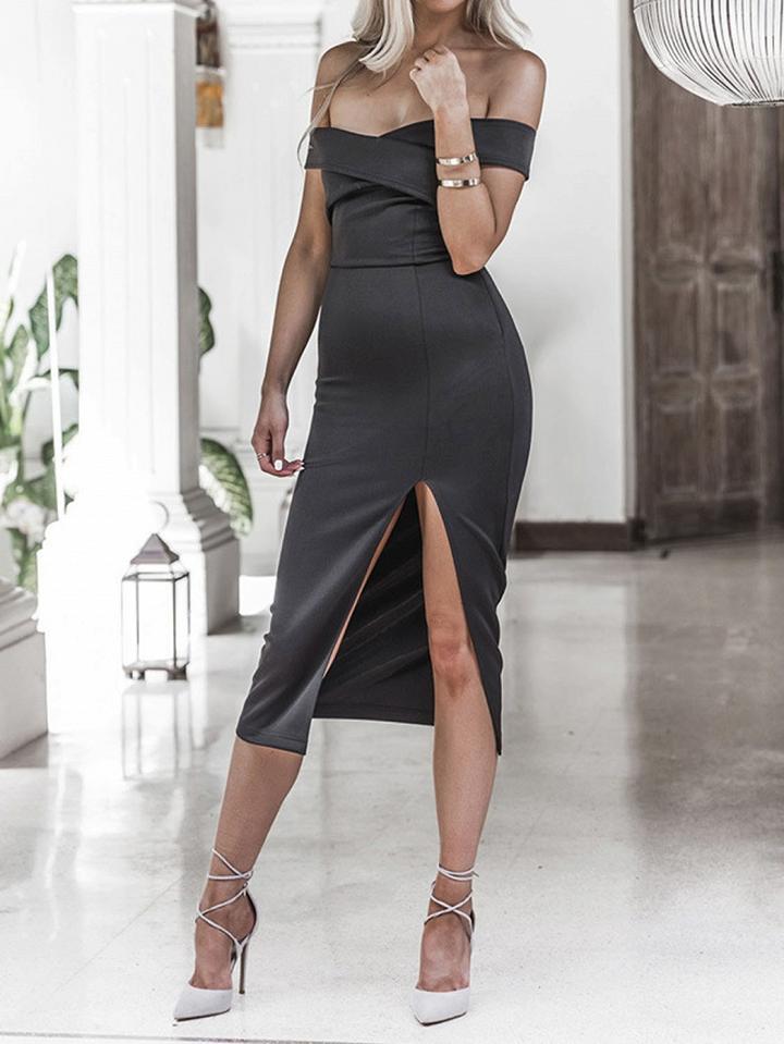 Choies Black Off Shoulder Fold Split Midi Bodycon Dress