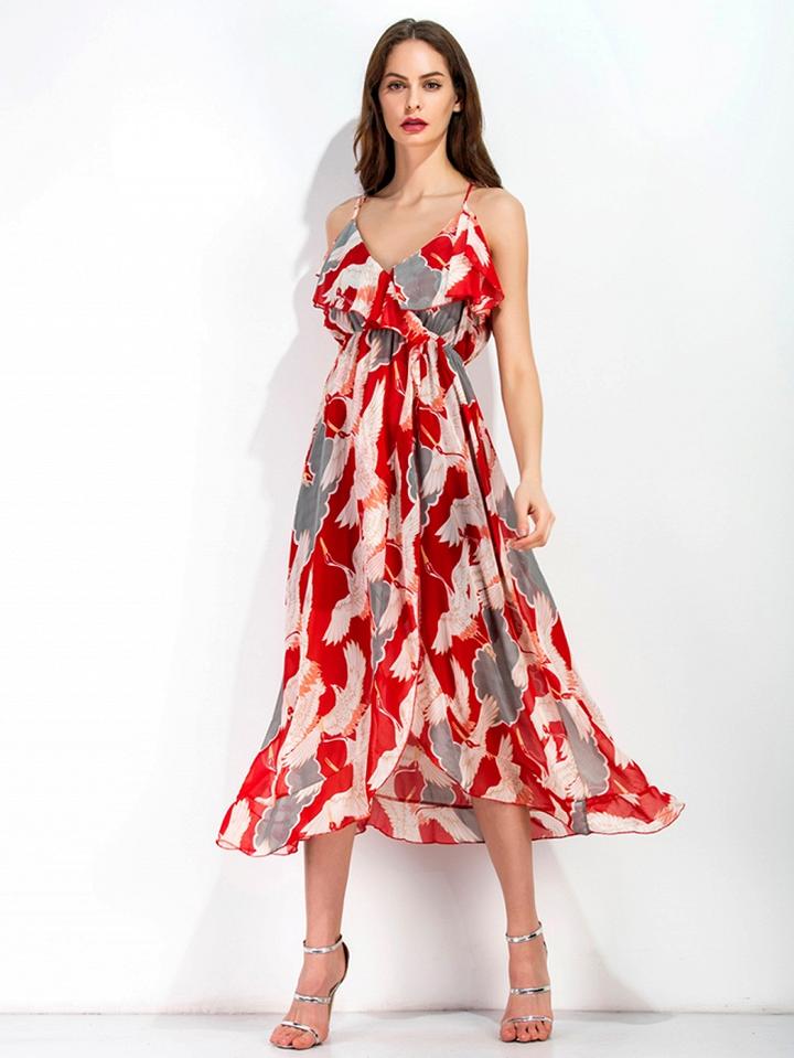 Choies Polychrome Crane Print Ruffle Wrap Cami Midi Dress