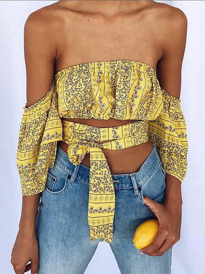 Choies Yellow Off Shoulder Floral Print Tie Waist Chic Women Crop Top